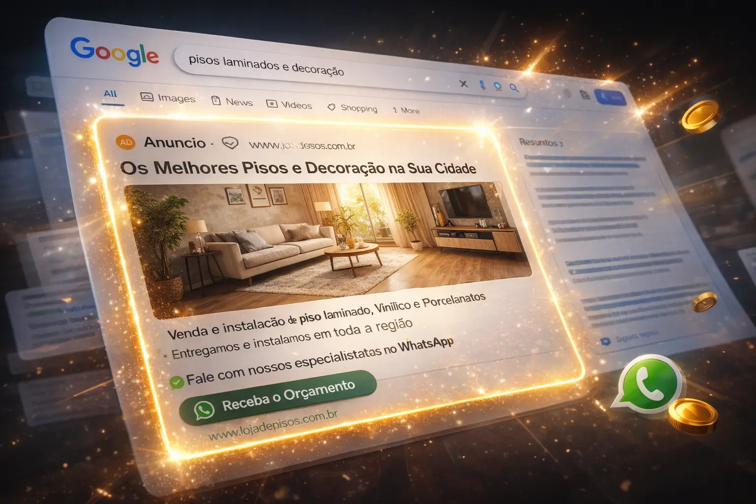 Mockup de Google Ads para loja de pisos e decoração com WhatsApp e orçamento