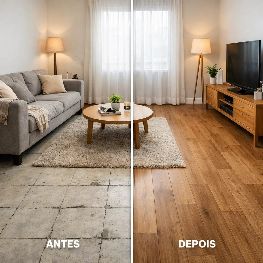 Antes e depois de instalação de piso para aumentar conversão